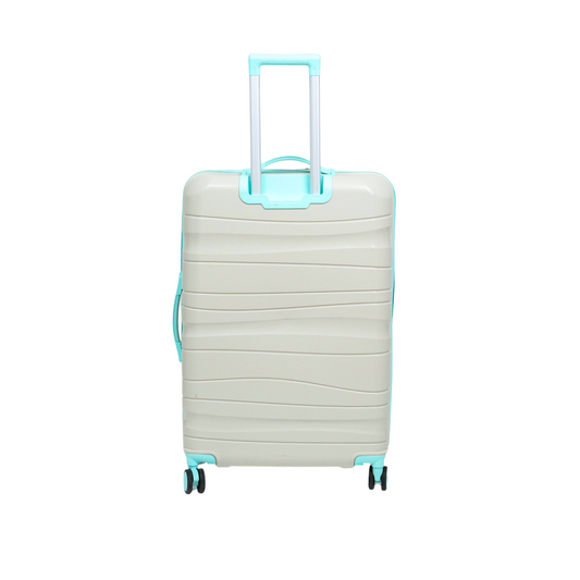 Série de trois Valises incassables à roues démontables beiges accessoires vert d'eau