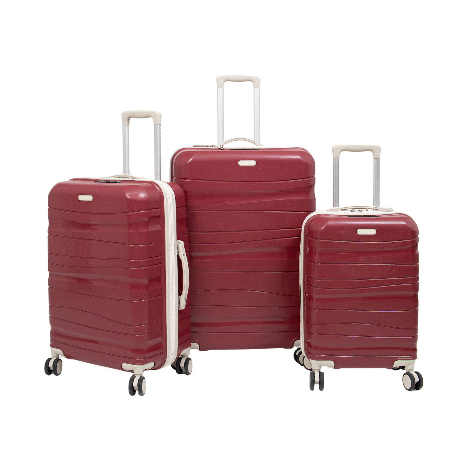 Série de trois valises incassables a roues démontables Rouge accessoires Beiges
