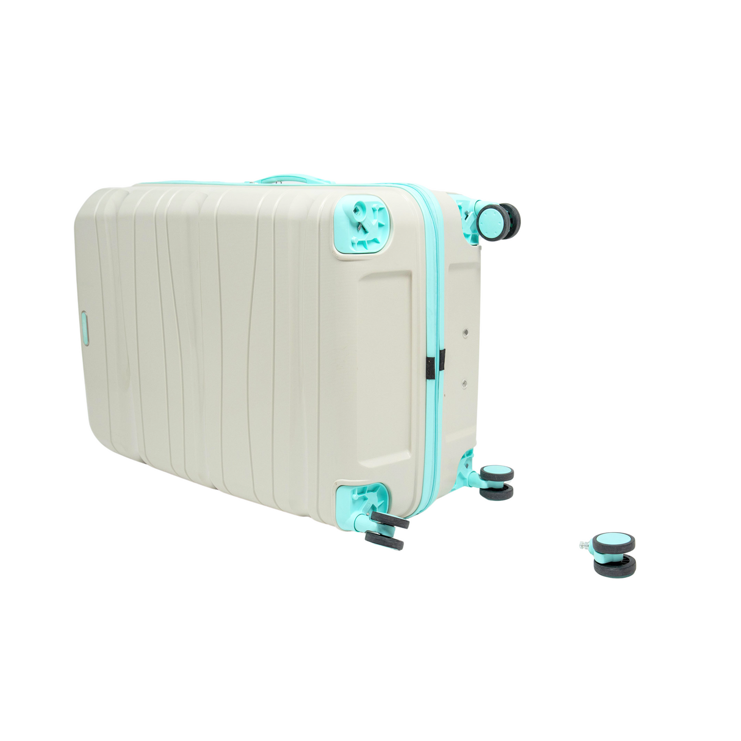 Série de trois Valises incassables à roues démontables beiges accessoires vert d'eau