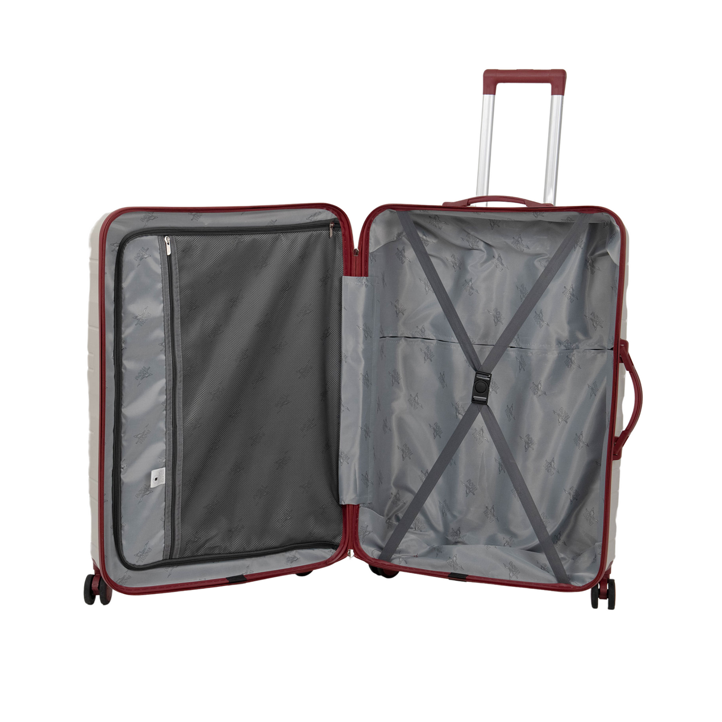 Série de trois Valises incassables à roues démontables beiges accessoires rouges bordeaux