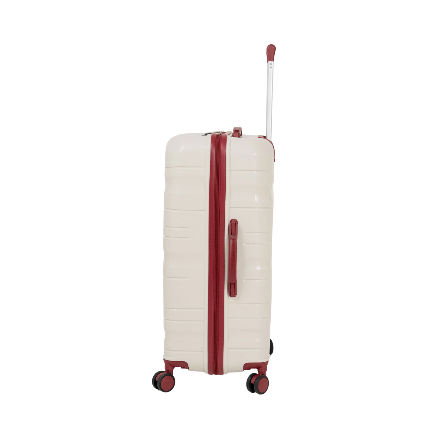 Série de trois Valises incassables à roues démontables beiges accessoires rouges bordeaux