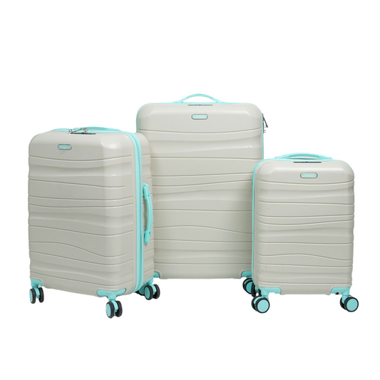 Série de trois Valises incassables à roues démontables beiges accessoires vert d'eau
