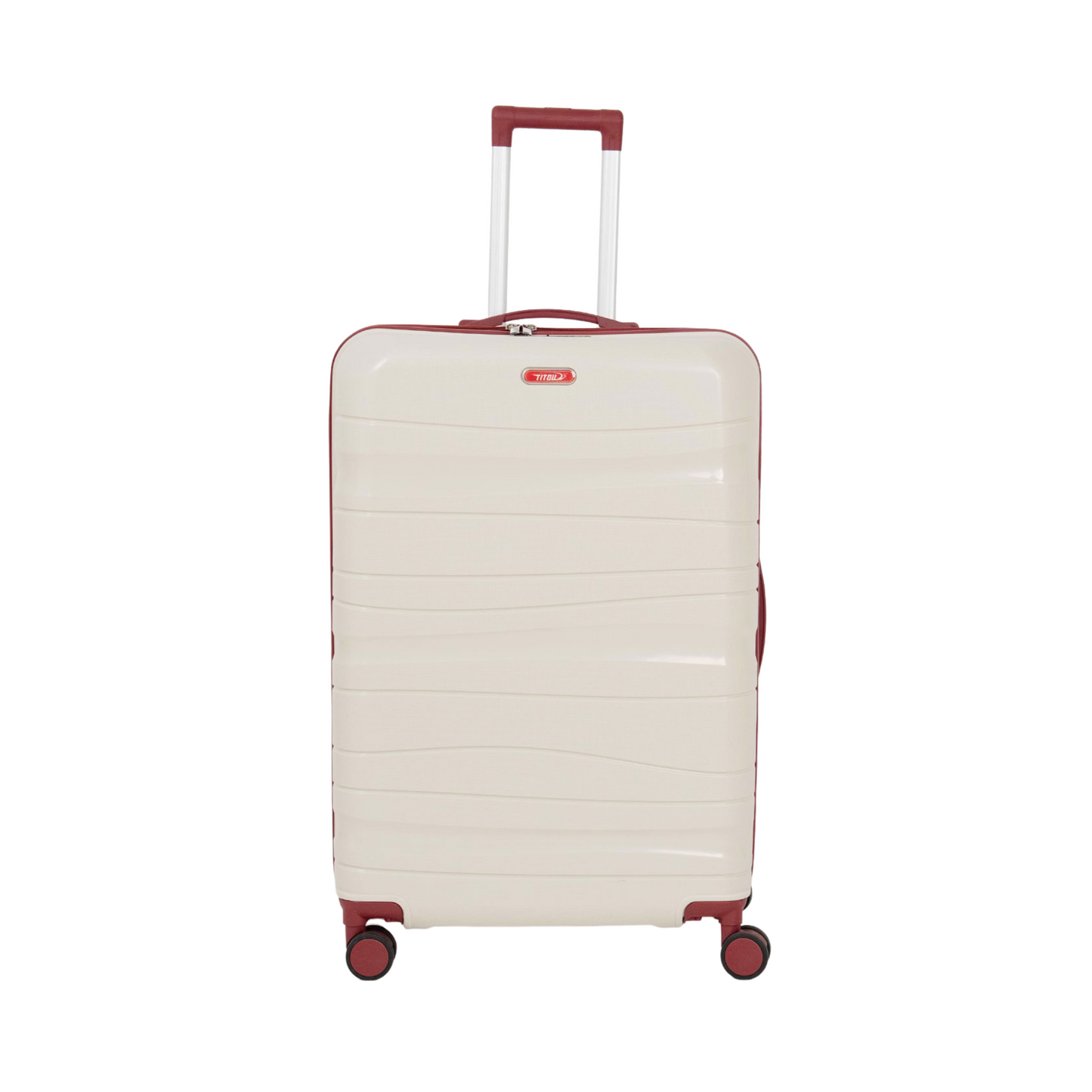 Série de trois Valises incassables à roues démontables beiges accessoires rouges bordeaux