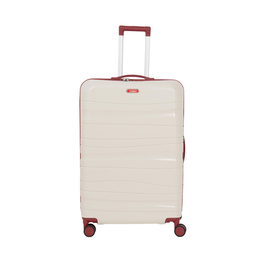 Série de trois Valises incassables à roues démontables beiges accessoires rouges bordeaux