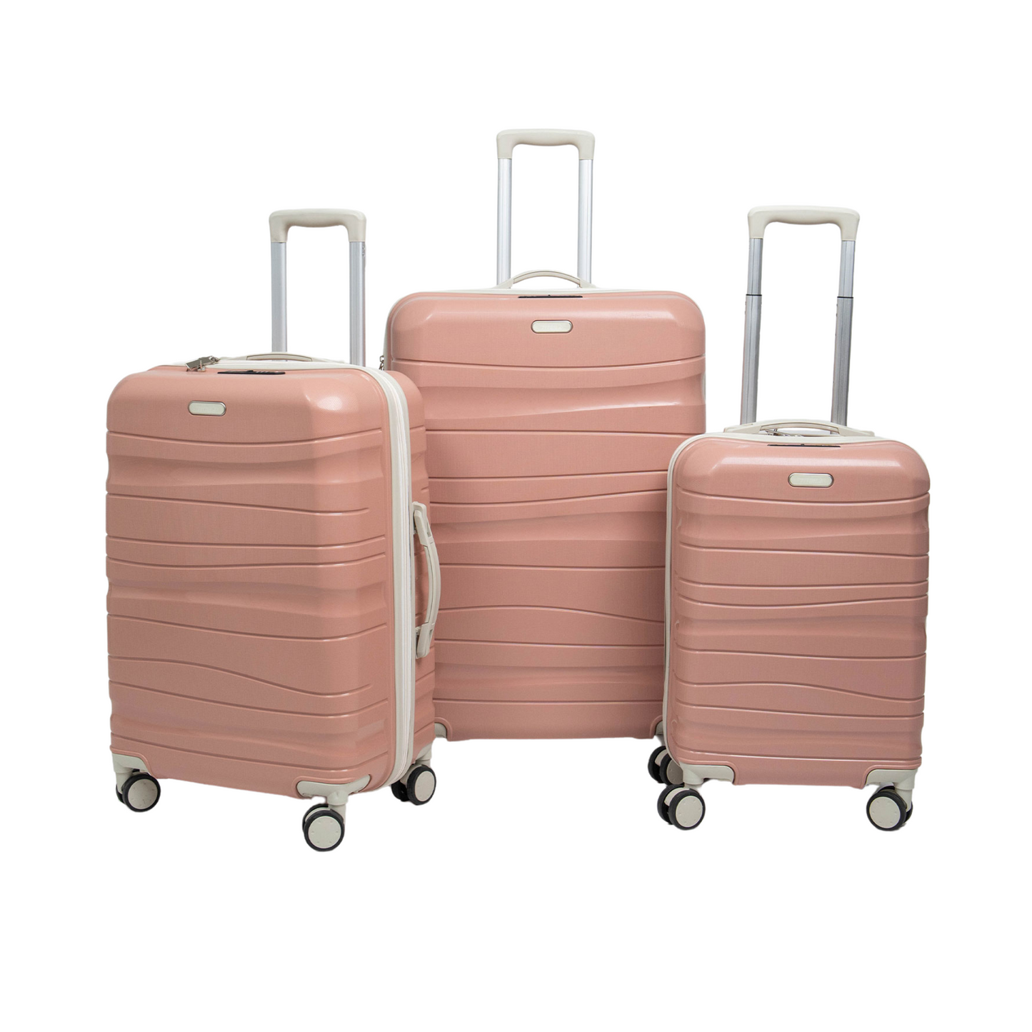 Série de trois Valises incassables à roues démontables Saumon accessoires Beiges