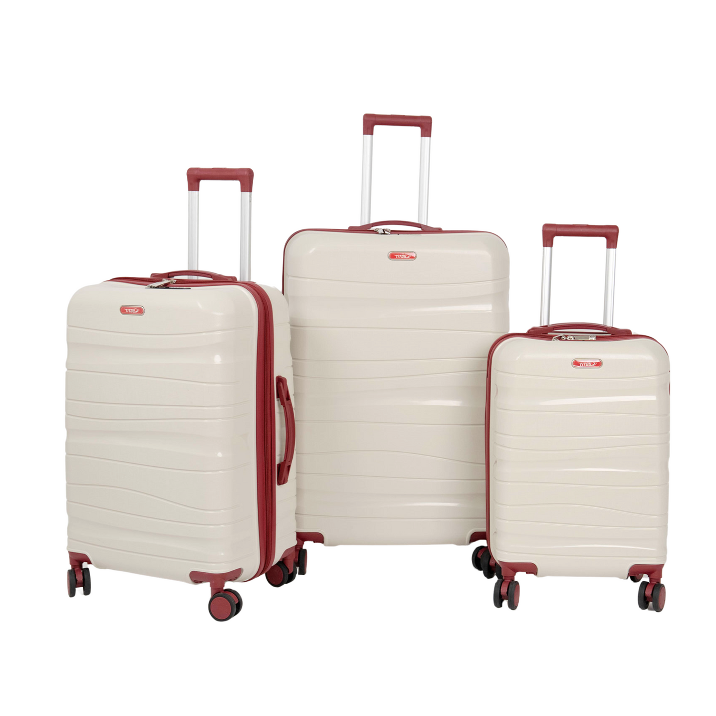Série de trois Valises incassables à roues démontables beiges accessoires rouges bordeaux