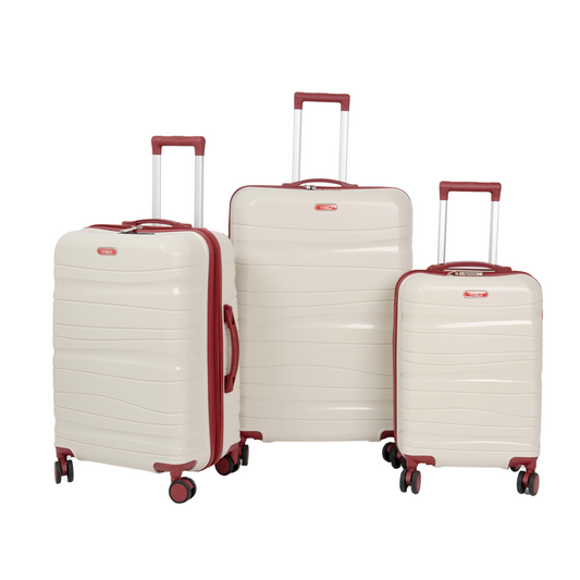 Série de trois Valises incassables à roues démontables beiges accessoires rouges bordeaux