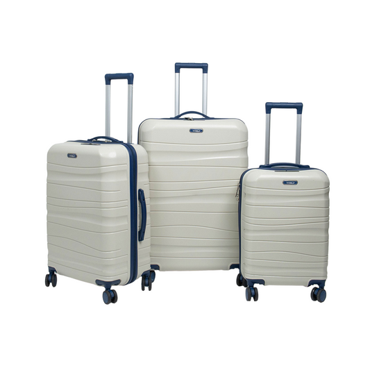 Série de trois Valises incassables à roues démontables beiges accessoires Bleu